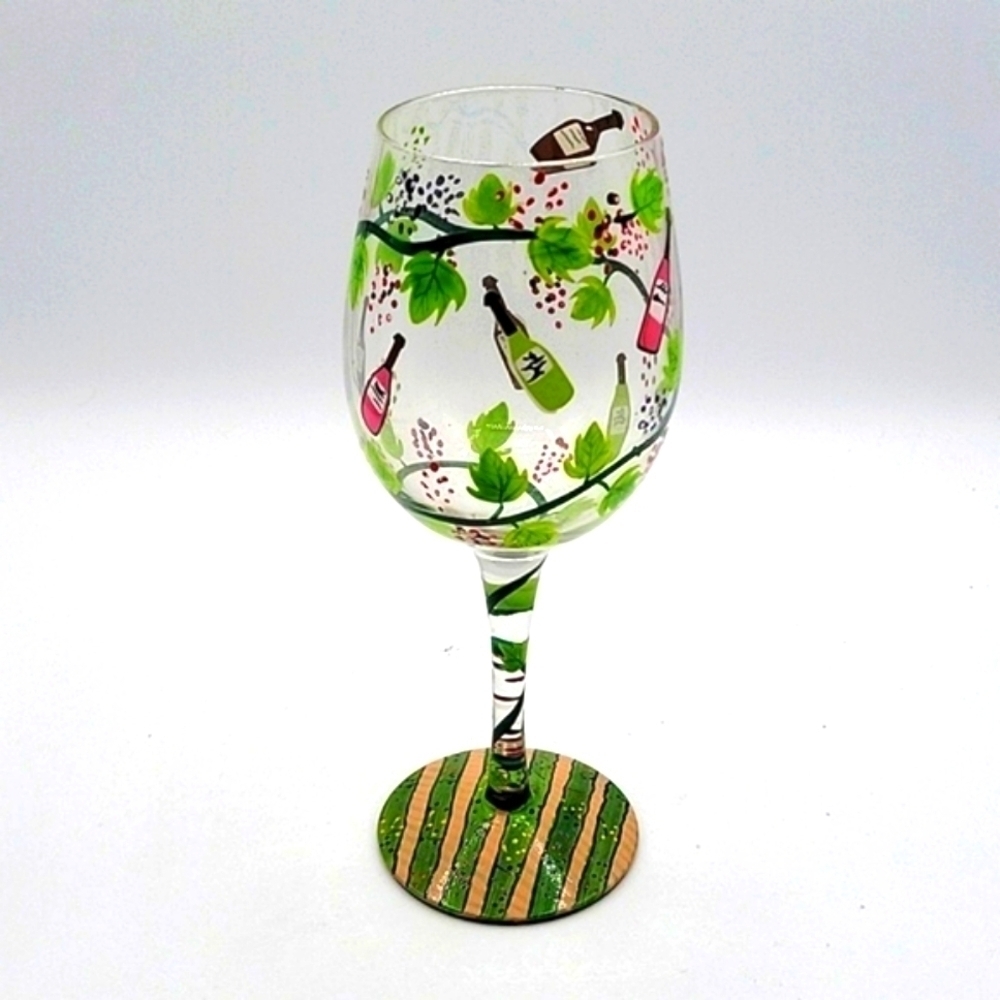 LOLITA Hand Painted Wine Glass "Wine Tour" Wine Bottles Vineyard Grapes